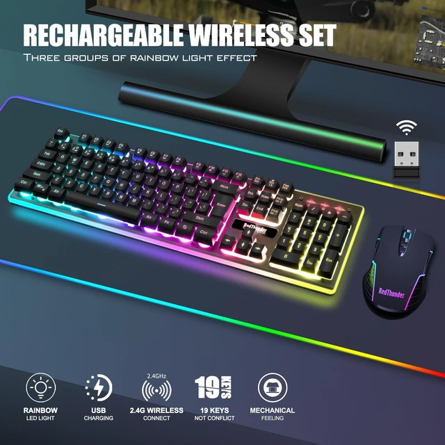 Alt view image 9 of 14 - K10 Wireless Gaming Keyboard and Mouse Combo, LED Backlit Rechargeable 3800mAh Battery, Mechanical Feel Anti-ghosting Keyboard + 7D 3200DPI Mice for PC Gamer (Black)