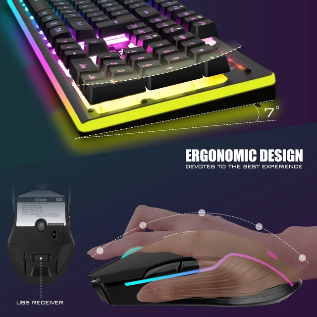Alt view image 12 of 14 - K10 Wireless Gaming Keyboard and Mouse Combo, LED Backlit Rechargeable 3800mAh Battery, Mechanical Feel Anti-ghosting Keyboard + 7D 3200DPI Mice for PC Gamer (Black)