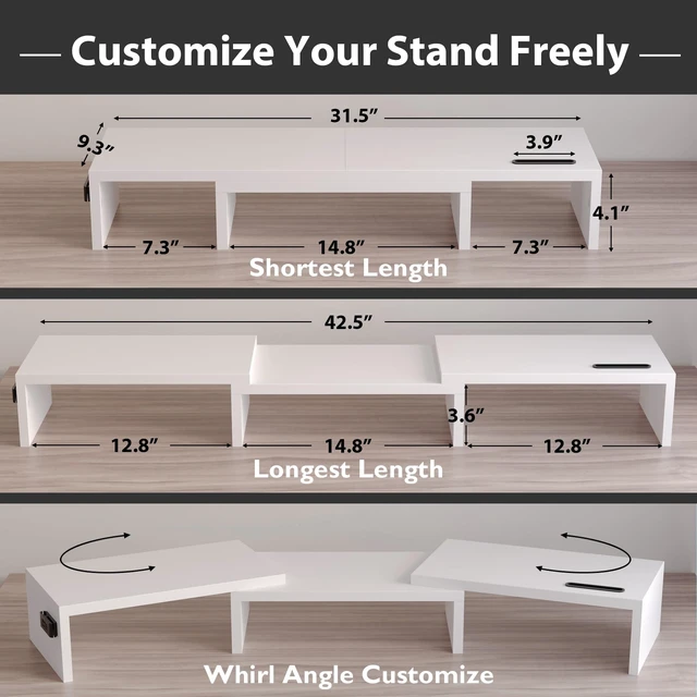 Alt view image 10 of 14 - Dual Monitor Stand Riser, Adjustable Length & Swivel Angle, White | Ergonomic Wooden Desktop Organizer with Smartphone Holder, Computer Monitor Stand for PC, Laptop,Printer and Large Storage