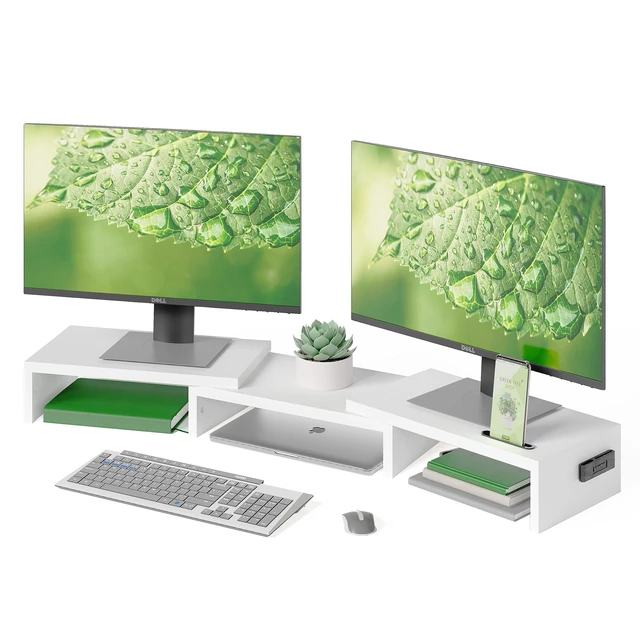 Alt view image 8 of 14 - Dual Monitor Stand Riser, Adjustable Length & Swivel Angle, White | Ergonomic Wooden Desktop Organizer with Smartphone Holder, Computer Monitor Stand for PC, Laptop,Printer and Large Storage