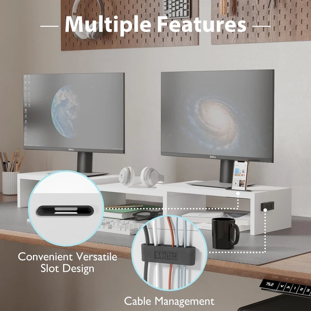 Alt view image 13 of 14 - Dual Monitor Stand Riser, Adjustable Length & Swivel Angle, White | Ergonomic Wooden Desktop Organizer with Smartphone Holder, Computer Monitor Stand for PC, Laptop,Printer and Large Storage
