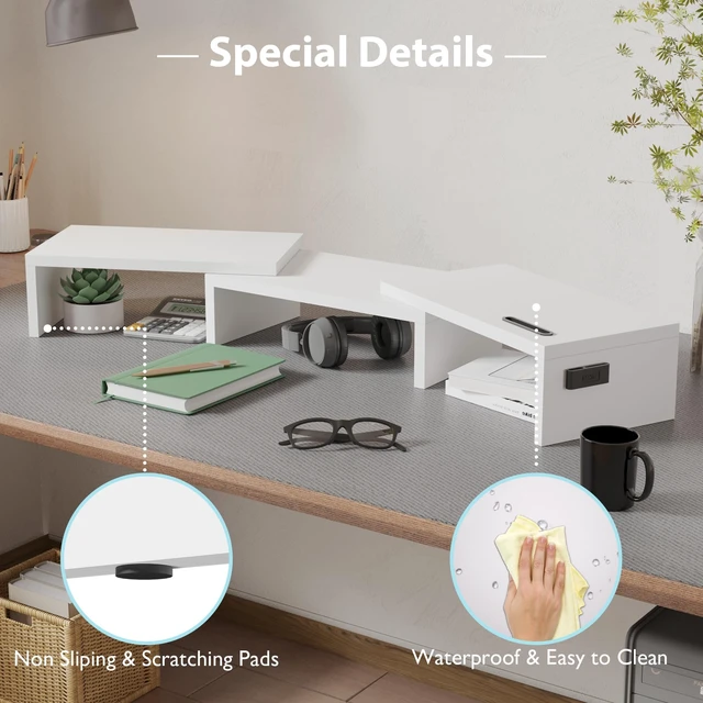 Alt view image 14 of 14 - Dual Monitor Stand Riser, Adjustable Length & Swivel Angle, White | Ergonomic Wooden Desktop Organizer with Smartphone Holder, Computer Monitor Stand for PC, Laptop,Printer and Large Storage