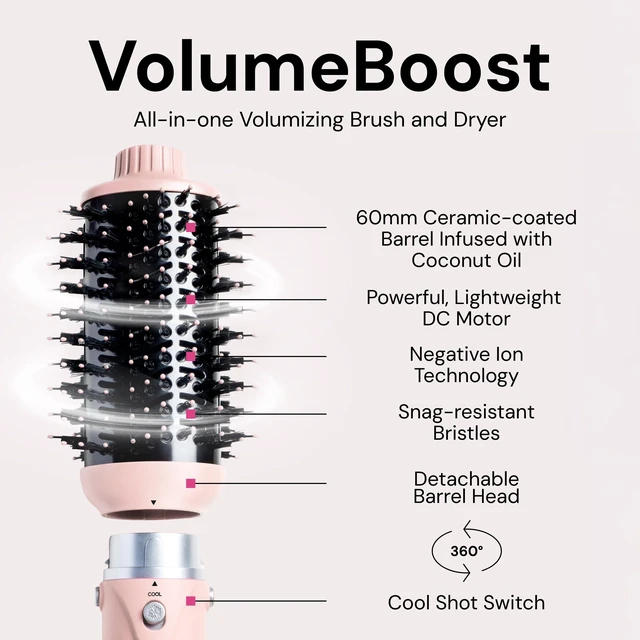 Alt view image 9 of 14 - VolumeBoost 60mm 2-in-1 Ceramic Volumizing Brush Dryer | Fast Drying & Styling for Frizz-Free, Voluminous Blowouts | Ceramic-Coated Barrel (Blush)