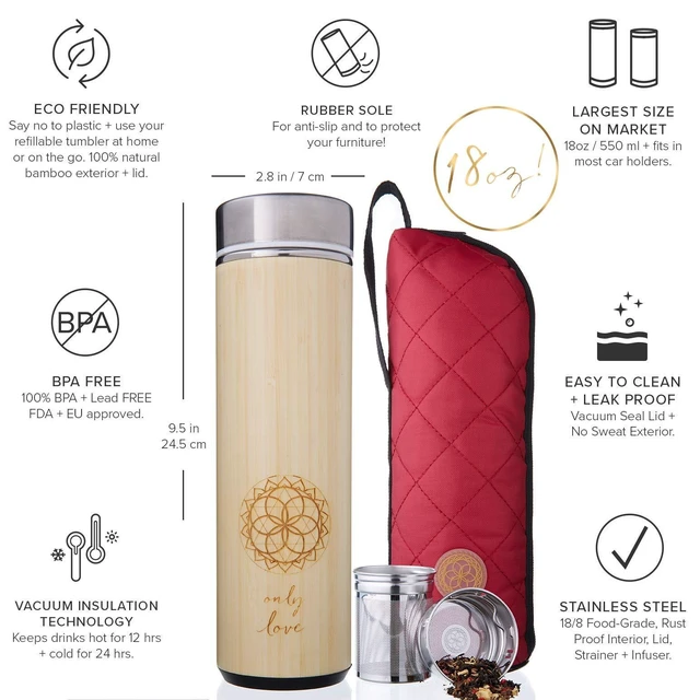 Alt view image 9 of 14 - Insulated Bamboo Tea Travel Tumbler with Infuser, Strainer & Sleeve - For Hot Coffee or Cold, Stainless Steel Coffee Mug, Ideal Tea Gift Set, Keeps Beverages Hotter for Longer
