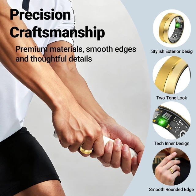 Alt view image 10 of 14 - Smart Ring for Women Men, Health Tracker Ring, 5ATM Waterproof Gold,8 | No Subscription Fee, Fitness Tracking Rings, Heart Rate/SpO2/Stress/Sleep Monitor, Two-Tone Matte, Long Battery Dual Charging