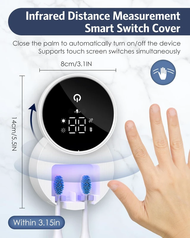 Alt view image 9 of 14 - Upgraded UV Toothbrush Sanitizer Holder with Infrared Sensor & Heat Drying, Temracha Wall-Mounted Toothbrush Holder for the Bathroom, LED Smart Display, Fits Toothbrushes & Razor, Portable for Travel
