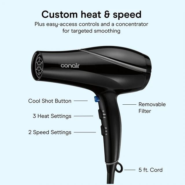 Alt view image 11 of 14 - Hair Dryer with Concentrator Attachment, Ceramic Technology, Black | 1875W blow dryer with 3 heat and 2 speed settings, 1.25-lb. design, and 5-foot cord for comfortable, custom styling