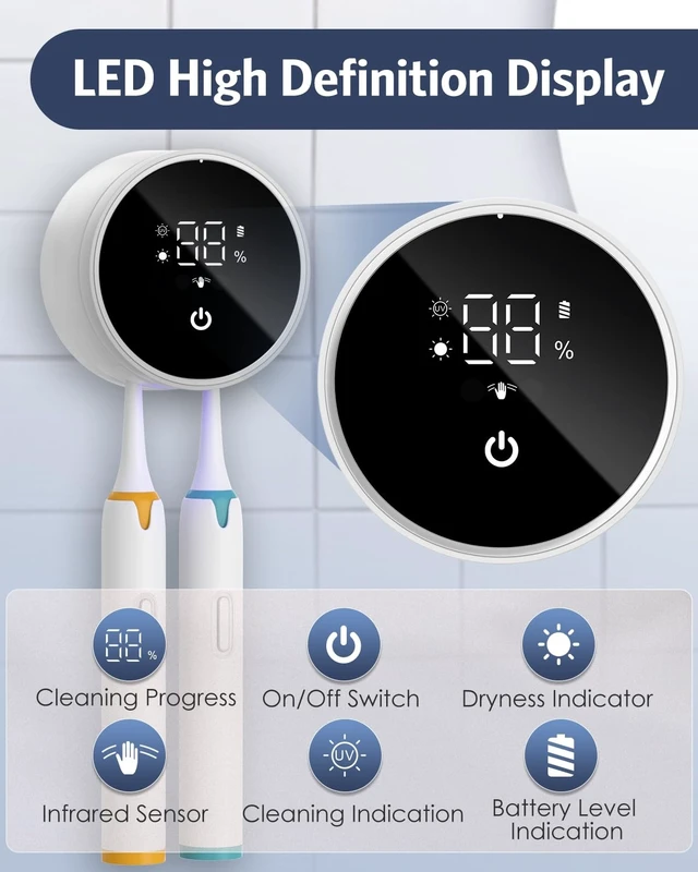 Alt view image 10 of 14 - Upgraded UV Toothbrush Sanitizer Holder with Infrared Sensor & Heat Drying, Temracha Wall-Mounted Toothbrush Holder for the Bathroom, LED Smart Display, Fits Toothbrushes & Razor, Portable for Travel