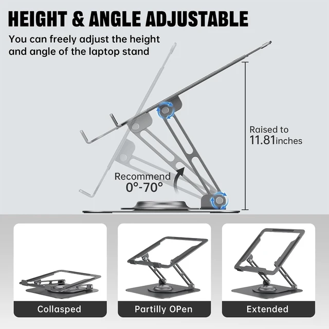 Alt view image 11 of 14 - Laptop Stand for desk(360°Rotating),Aluminum laptop Riser for 10-16"Laptops | Adjustable Multi-Angle Ergonomic Computer Stand, Foldable Portable for Home Office, Fits MacBook Air Pro Dell HP Laptops