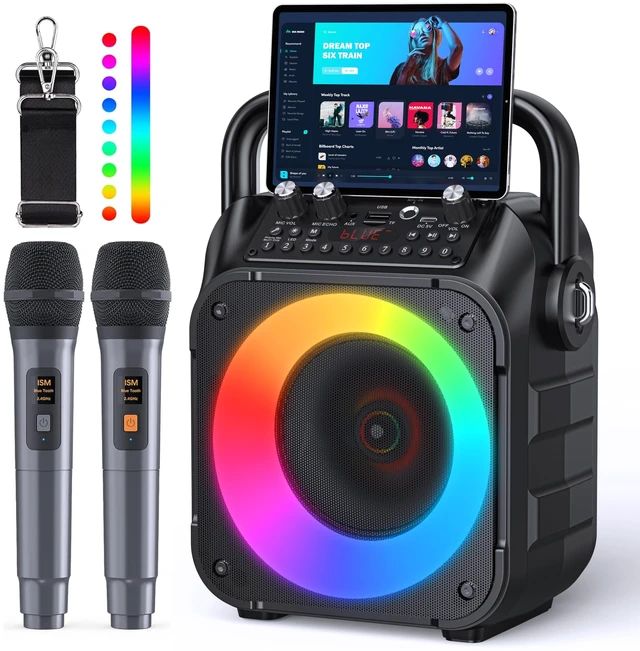 Alt view image 8 of 14 - Karaoke Machine, Portable Bluetooth Speaker with 2 Wireless Microphones | Immersive Sound, 5 Light Modes, PA System, TWS USB TF AUX FM, for Adults and Kids, Home Party, Outdoor, Home System Packages