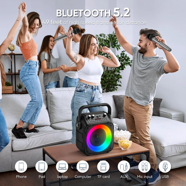 Alt view image 9 of 14 - Karaoke Machine, Portable Bluetooth Speaker with 2 Wireless Microphones | Immersive Sound, 5 Light Modes, PA System, TWS USB TF AUX FM, for Adults and Kids, Home Party, Outdoor, Home System Packages