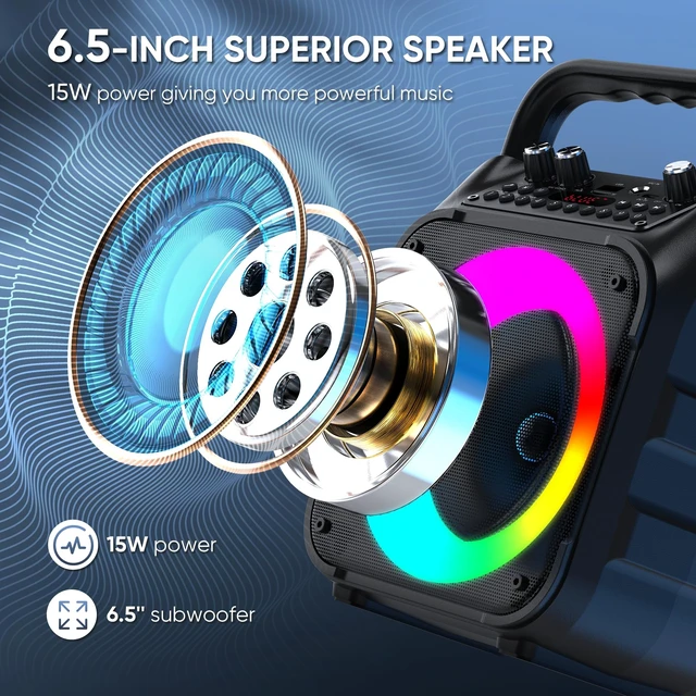 Alt view image 10 of 14 - Karaoke Machine, Portable Bluetooth Speaker with 2 Wireless Microphones | Immersive Sound, 5 Light Modes, PA System, TWS USB TF AUX FM, for Adults and Kids, Home Party, Outdoor, Home System Packages