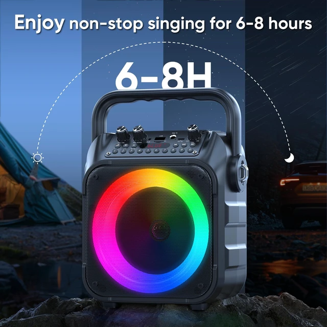 Alt view image 14 of 14 - Karaoke Machine, Portable Bluetooth Speaker with 2 Wireless Microphones | Immersive Sound, 5 Light Modes, PA System, TWS USB TF AUX FM, for Adults and Kids, Home Party, Outdoor, Home System Packages