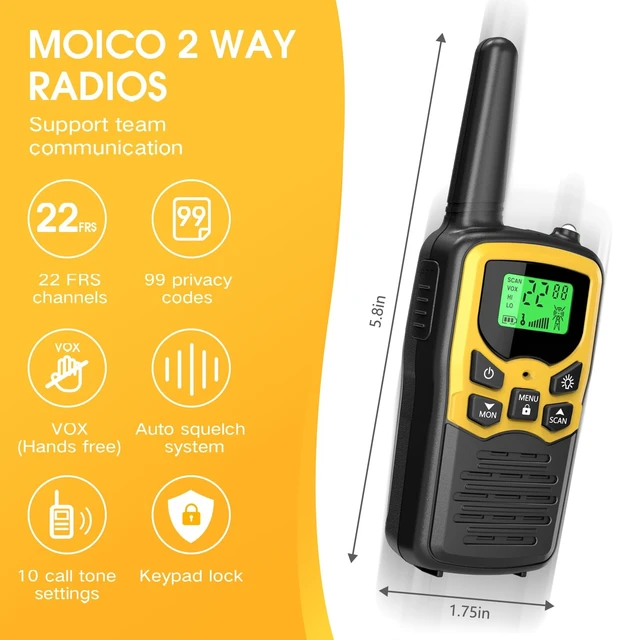 Alt view image 8 of 12 - Walkie Talkies,Two-Way Radios for Adults with 22 FRS Channels Camping | Long Range, LED Flashlight, VOX, LCD Display, Scan Function, Family Outdoor Use, Hiking Trip, Yellow 4 Pack