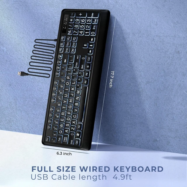 Alt view image 13 of 14 - Large Print Backlit Keyboard, USB Wired Computer Keyboard, Full Size Keyboard with White Illuminated LED Compatible for Windows Desktop, Laptop, PC, Gaming, Black