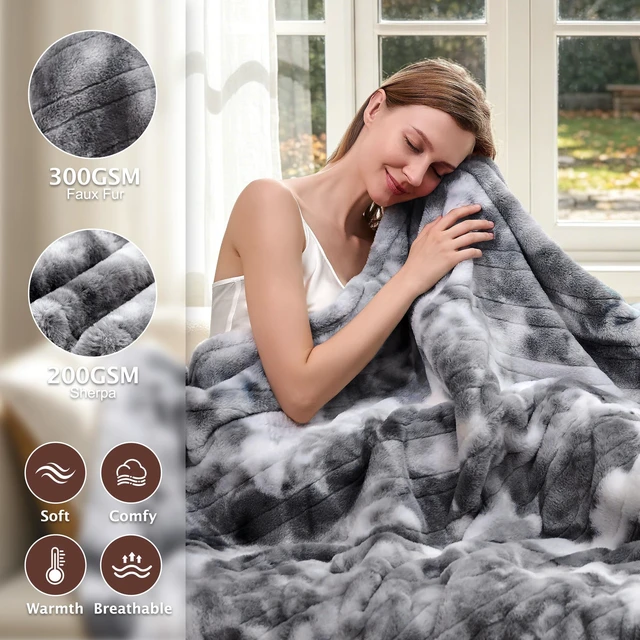 Alt view image 9 of 14 - Electric Heated Throw Faux Rabbit Fur Blanket 6 Heating Levels | 12H Auto Off, Fast Heating, Warm Cozy, Machine Washable, Over-Heat Protection, ETL, Grey