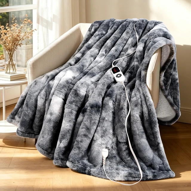 Alt view image 8 of 14 - Electric Heated Throw Faux Rabbit Fur Blanket 6 Heating Levels | 12H Auto Off, Fast Heating, Warm Cozy, Machine Washable, Over-Heat Protection, ETL, Grey