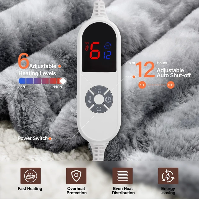 Alt view image 10 of 14 - Electric Heated Throw Faux Rabbit Fur Blanket 6 Heating Levels | 12H Auto Off, Fast Heating, Warm Cozy, Machine Washable, Over-Heat Protection, ETL, Grey