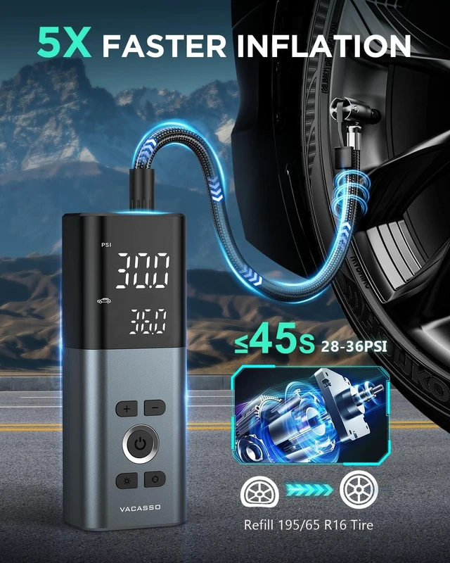 Alt view image 9 of 14 - Tire Inflator Portable Air Compressor for Car Tires, 45s Fast Inflation | 150PSI Cordless Air Pump with Accurate Tire Pressure Gauge, Smart Autostop with LED Light , for Car, Motorcycle, Bike, Balls