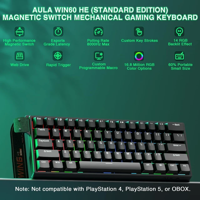 Alt view image 9 of 14 - Aula WIN60 HE - 60% Mechanical Gaming Keyboard Wired, Magnetic Switch Hot Swappable, Adjustable Actuation Rapid Trigger Mode, 8000 Hz Polling Rate, RGB Small Keyboard 60 Percent Compact Design for PC