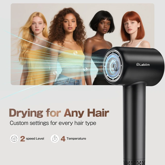 Alt view image 11 of 14 - Hair Dryer, High-Speed Ionic Blow Dryer 110,000 RPM Motor, Black | Fast Drying 200M Ions Frizz & Thermo-Control HairDryer with Magnetic Nozzle, Lightweight Low-Noise Compact for Home Travel