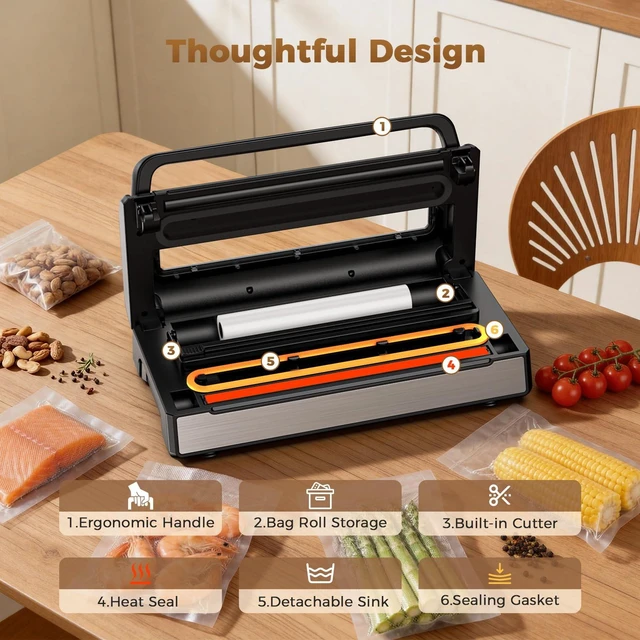 Alt view image 9 of 14 - Food Vacuum Sealer Machine, 6-in-1 Automatic Vacuum Sealer for Food | food sealer with Built-in Cutter & Bag Storage, 180W Powerful Complete Kit with 2 Rolls & 10 Bags for Dry/Moist/Canister