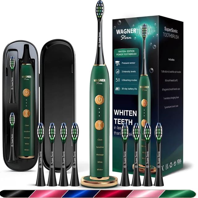 Alt view image 7 of 12 - WHITEN+ Electric Toothbrush, 48,000 VPM, Pressure Sensor, 5 Modes, 8 Brush Heads, Travel Case
