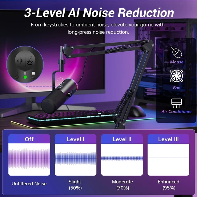 Alt view image 9 of 14 - Dynamic Gaming Microphone XLR/USB Mic with AI Noise Cancellation | Boom Arm Set, RGB, Tap Mute, 3.5mm Jack, Gain Control, Microfono for Content Creators, Black, TD510 AIR S H+