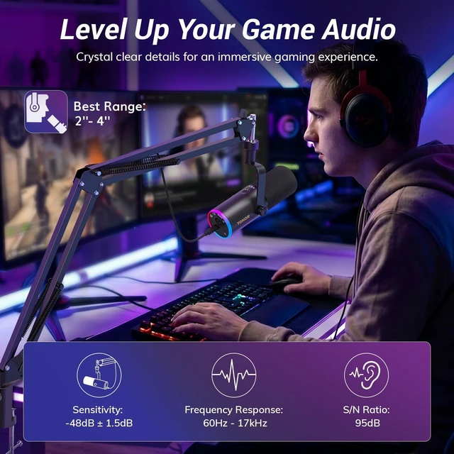 Alt view image 10 of 14 - Dynamic Gaming Microphone XLR/USB Mic with AI Noise Cancellation | Boom Arm Set, RGB, Tap Mute, 3.5mm Jack, Gain Control, Microfono for Content Creators, Black, TD510 AIR S H+
