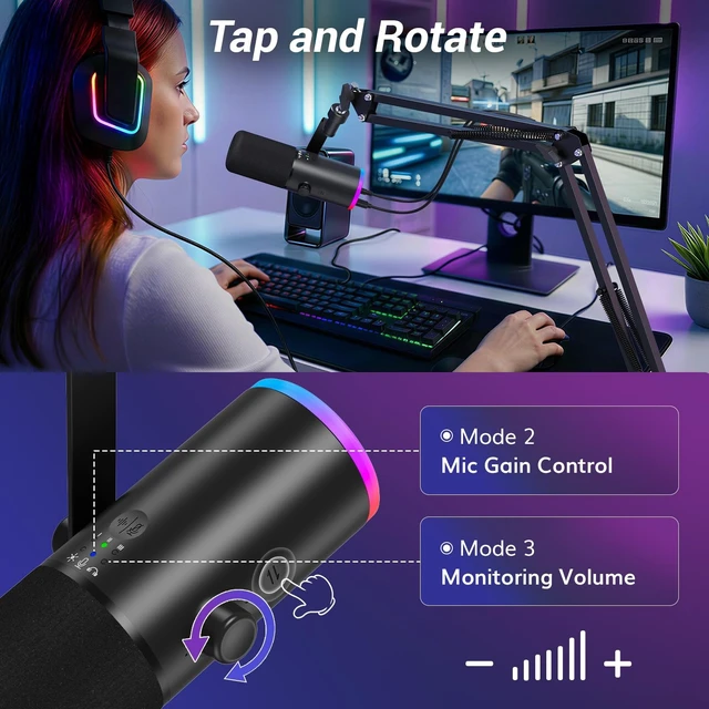 Alt view image 12 of 14 - Dynamic Gaming Microphone XLR/USB Mic with AI Noise Cancellation | Boom Arm Set, RGB, Tap Mute, 3.5mm Jack, Gain Control, Microfono for Content Creators, Black, TD510 AIR S H+