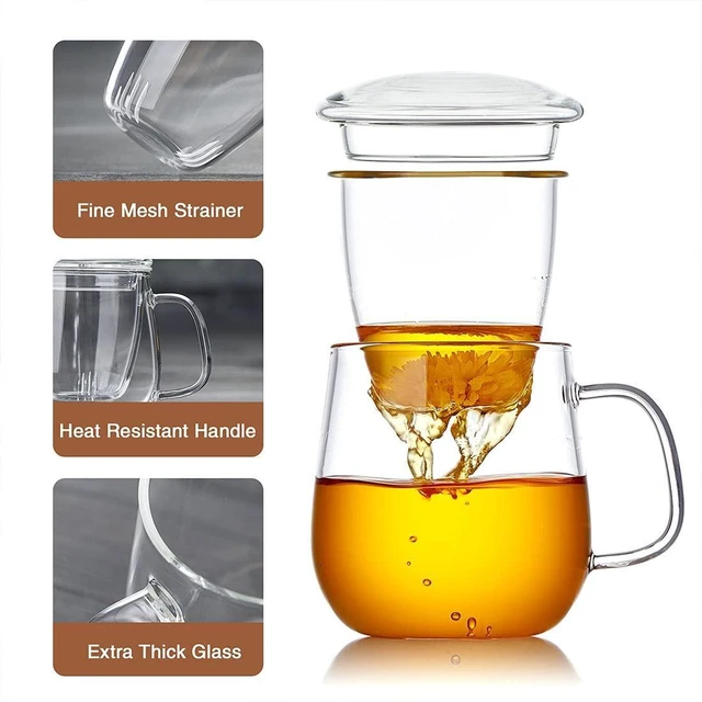 Alt view image 9 of 12 - Glass Tea Cup with Infuser and Lid, 17.6oz/520ml Large Borosilicate Teacup,Tea Glass, Clear Mug for Loose Leaf Tea, Blooming Tea, Microwave & Dishwasher Safe - Tea Maker Gift for Birthday.