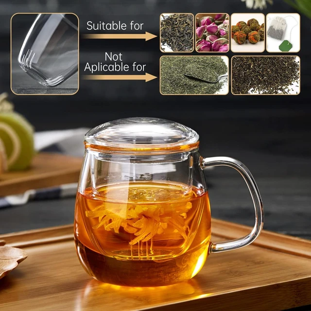Alt view image 12 of 12 - Glass Tea Cup with Infuser and Lid, 17.6oz/520ml Large Borosilicate Teacup,Tea Glass, Clear Mug for Loose Leaf Tea, Blooming Tea, Microwave & Dishwasher Safe - Tea Maker Gift for Birthday.