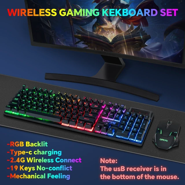 Alt view image 9 of 14 - USB Wireless Gaming Keyboard and Mouse Combo, RGB Backlit, 2.4GHz | LED Ergonomic Mechanical Feeling Keyboard, Rechargeable 2500mAh Battery, Anti-ghosting Keyboards 7D 3600DPI Mice for PC Gamer