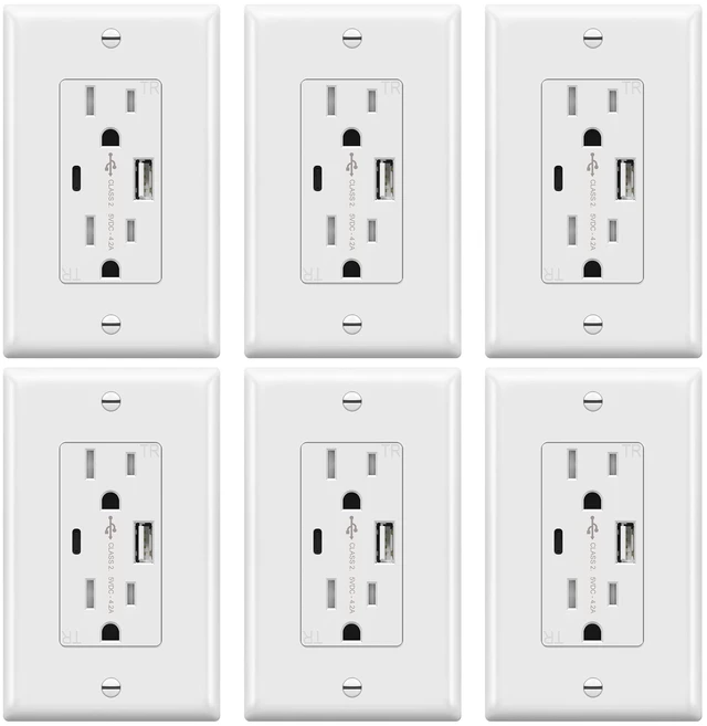 Alt view image 8 of 14 - 4.2A USB Outlets, 15 Amp Wall Outlet with USB Ports,White,6 Pack | USB Outlets Receptacles with Type C&A Ports, Tamper Resistant Receptacle Plug, UL Listed, Wall Plate Included, TU21536AC-W