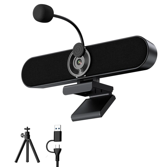 Alt view image 8 of 14 - 2K Webcam Computer Speaker with Microphone, Privacy Shutter, Clip-On | USB Computer Camera Speaker for Desktop PC w/90° FOV, Detachable Mic, Adjustable Tripod, USB A-to-C for Zoom, Teams, Meet