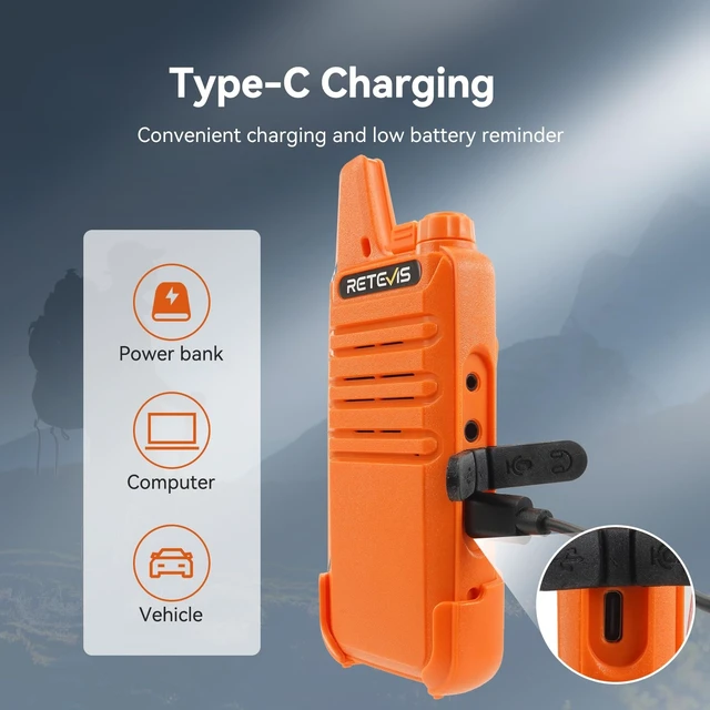 Alt view image 9 of 14 - RT22 Rechargeable Walkie Talkies, Long Range 2 Way Radio for Adults | Voice Activated, Emergency Alarm, Upgraded Type-C Charging, Portable Handheld Radio, Outdoor Hiking Travel(4 Pack, Orange)