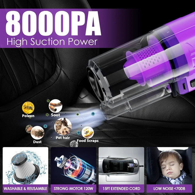 Alt view image 9 of 14 - 17PCS Car Cleaning Kit, Purple Car Interior Detailing Kit with High Power Handheld Vacuum, Detailing Brush Set, Windshield Cleaner, Cleaning Gel, Complete Auto Accessories for Women Gift