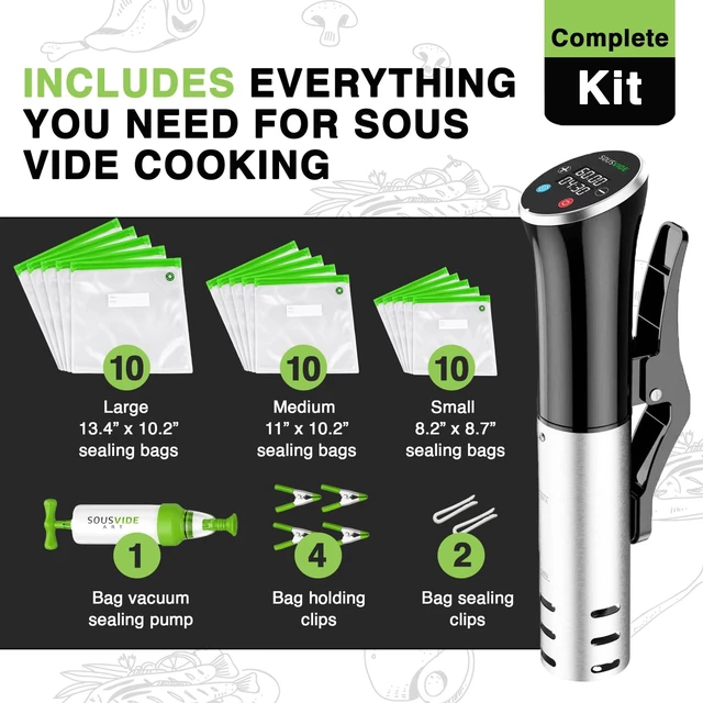 Alt view image 10 of 14 - Sous Vide Immersion Cooker Kit - Machine with Digital Timer, Temp Control, 30 Bags, Vacuum Pump, Suvee Cooker Gift for Chefs