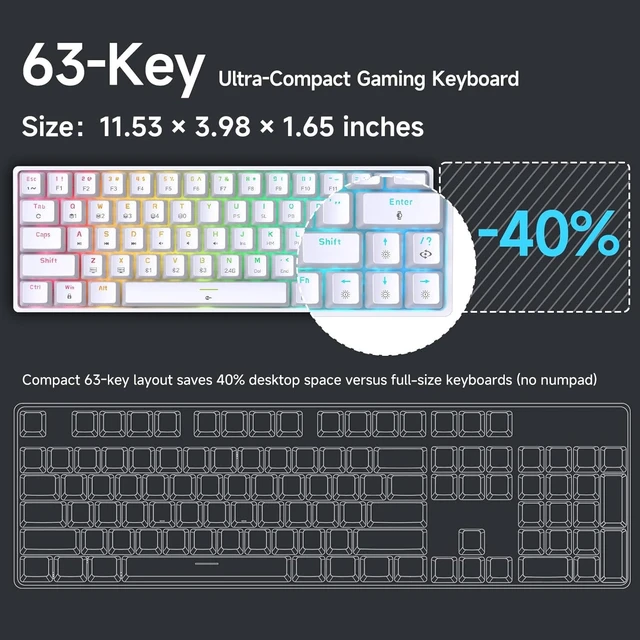 Alt view image 9 of 14 - DK63 60% Wireless Mechanical Gaming Keyboard | Bluetooth/2.4G/Wired | RGB Backlit Compact 63 Keys Mini Office Keyboard | with Red Switch | for Windows Laptop PC Gamer Typist-White