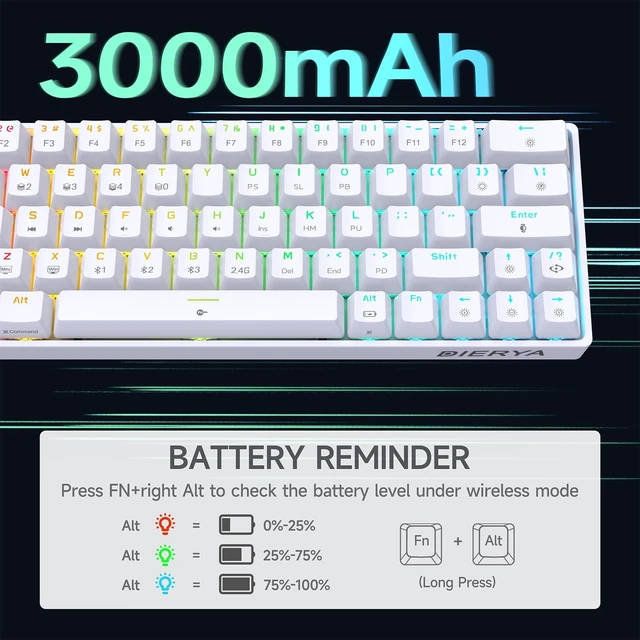 Alt view image 12 of 14 - DK63 60% Wireless Mechanical Gaming Keyboard | Bluetooth/2.4G/Wired | RGB Backlit Compact 63 Keys Mini Office Keyboard | with Red Switch | for Windows Laptop PC Gamer Typist-White