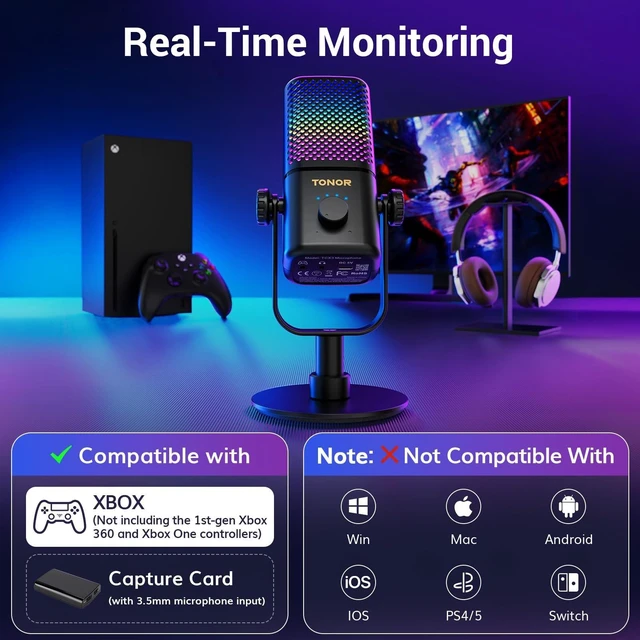 Alt view image 10 of 14 - Gaming Microphone Compatible with Xbox, RGB Condenser Streaming Mic, Low Noise, Gain Control, One Tap Mute, Compatible with Capture Card, 200 cm/78inch Cable, Desktop Stand, Black TCX3