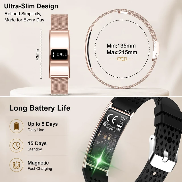 Alt view image 9 of 14 - Smart Bracelet for Women Men, Activity Fitness Tracker, Smart Wristband with Heart Rate/Blood Oxygen/Sleep Monitor/Pedometer, IPX8 Waterproof Slim Smart Watch for Android iPhone, 2 Bands, Gold