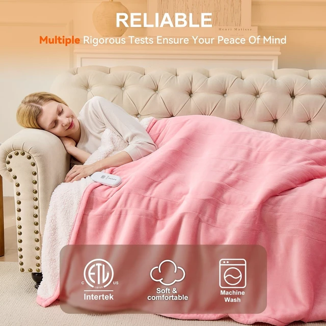 Alt view image 11 of 14 - Pink Heated Blanket, Electric Blanket Twin Size, ETL Certified | 10 Hours Auto Off, 5 Heat Settings, Even Fast Heating Blanket with Ultra-Soft Flannel Sherpa, Warm Gifts for Women, 62"x84"