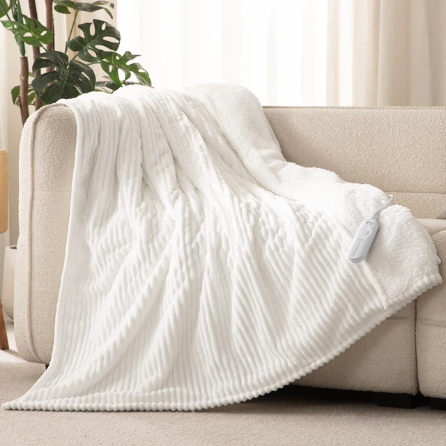 Alt view image 8 of 14 - Heated Throw Blanket, 5 Heat Levels, 3 Hours Auto-Off, 50"x60", White | ETL & FCC Certified, OEKO-TEX Flannel & Sherpa, Machine Washable, Cozy & Soft, for Couch Bed Office Lap
