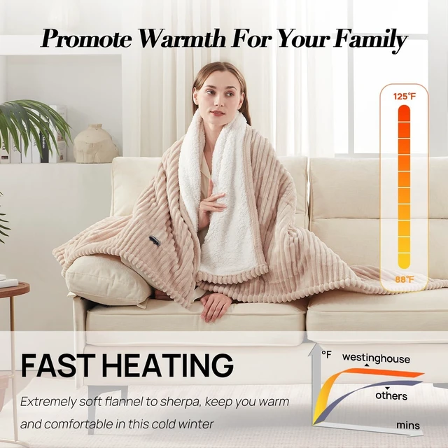 Alt view image 10 of 14 - Heated Throw Blanket, Fast Heating Blanket, 50x60 Inch, Beige | Soft Flannel Sherpa Electric Throw with 6 Heating Levels & 2-10 Hours Auto Shut Off, ETL Certification, Machine Washable
