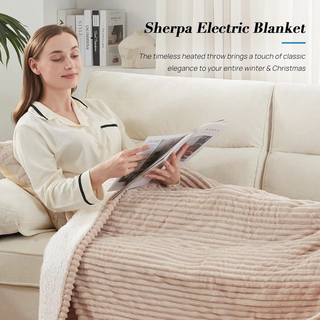 Alt view image 12 of 14 - Heated Throw Blanket, Fast Heating Blanket, 50x60 Inch, Beige | Soft Flannel Sherpa Electric Throw with 6 Heating Levels & 2-10 Hours Auto Shut Off, ETL Certification, Machine Washable