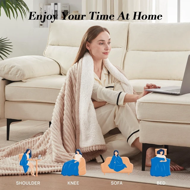 Alt view image 11 of 14 - Heated Throw Blanket, Fast Heating Blanket, 50x60 Inch, Beige | Soft Flannel Sherpa Electric Throw with 6 Heating Levels & 2-10 Hours Auto Shut Off, ETL Certification, Machine Washable
