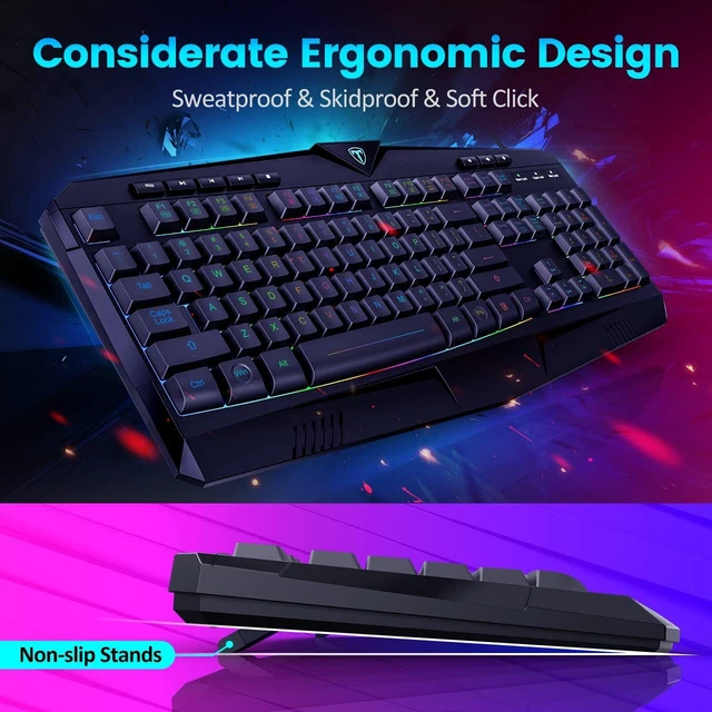 Alt view image 10 of 14 - Gaming Keyboard, Full Size RGB Backlit Quiet Computer Keyboard, Wrist Rest, Silent Keys, Multimedia Keys, Anti-ghosting, Waterproof Light Up USB Wired Keyboard for PC Mac Xbox Gamer Office