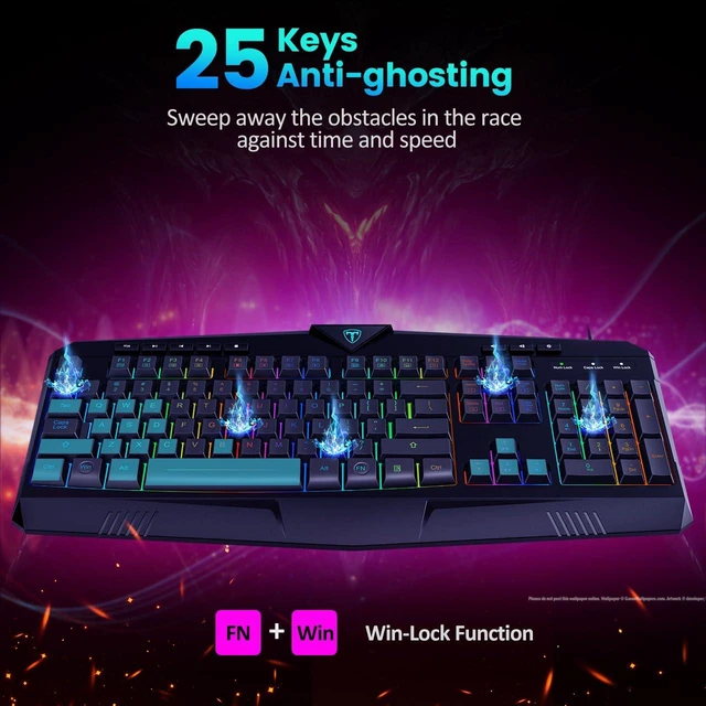 Alt view image 13 of 14 - Gaming Keyboard, Full Size RGB Backlit Quiet Computer Keyboard, Wrist Rest, Silent Keys, Multimedia Keys, Anti-ghosting, Waterproof Light Up USB Wired Keyboard for PC Mac Xbox Gamer Office