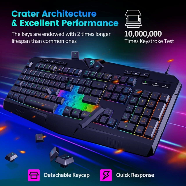 Alt view image 12 of 14 - Gaming Keyboard, Full Size RGB Backlit Quiet Computer Keyboard, Wrist Rest, Silent Keys, Multimedia Keys, Anti-ghosting, Waterproof Light Up USB Wired Keyboard for PC Mac Xbox Gamer Office